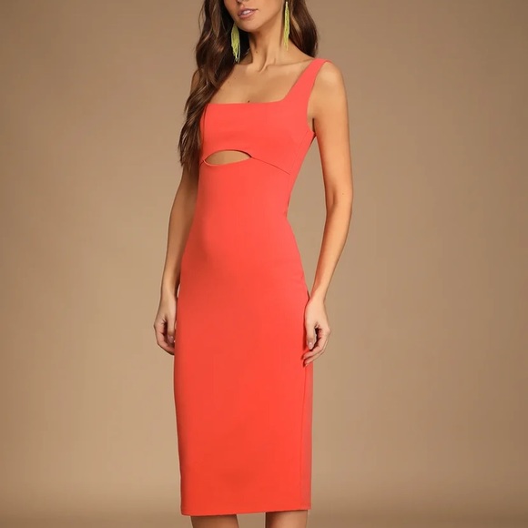 Date Night Dream Bright Coral Cutout Bodycon Midi Dress - Picture 3 of 6